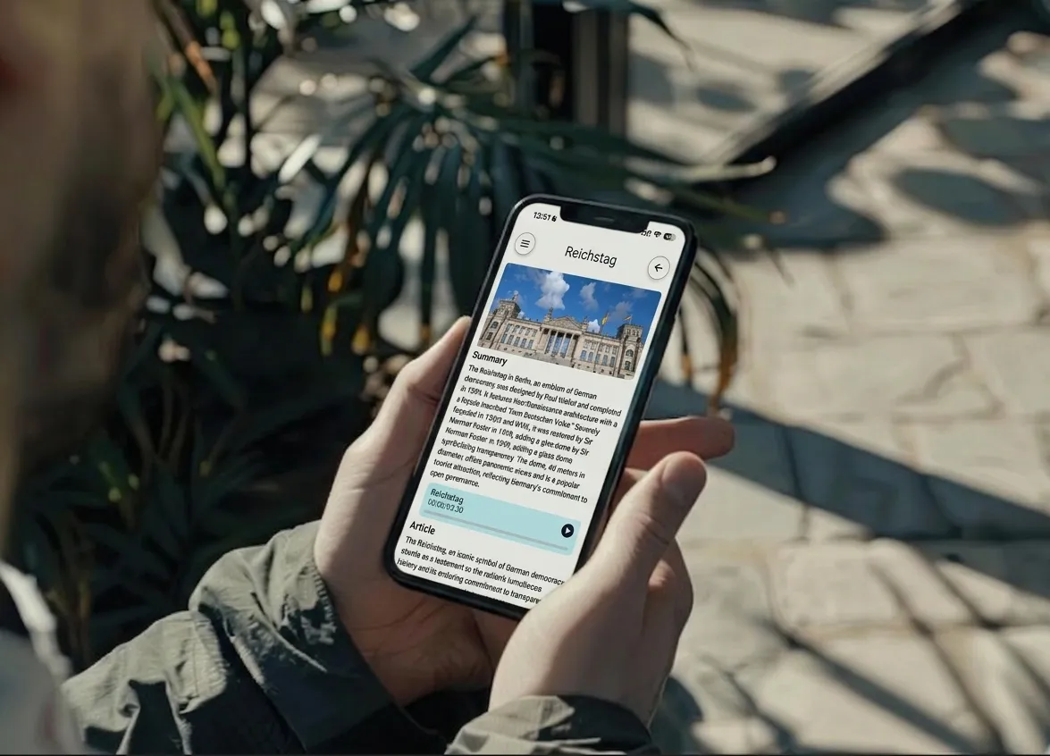 Hand holding a phone reading a researched Parroo article about the Reichstag.