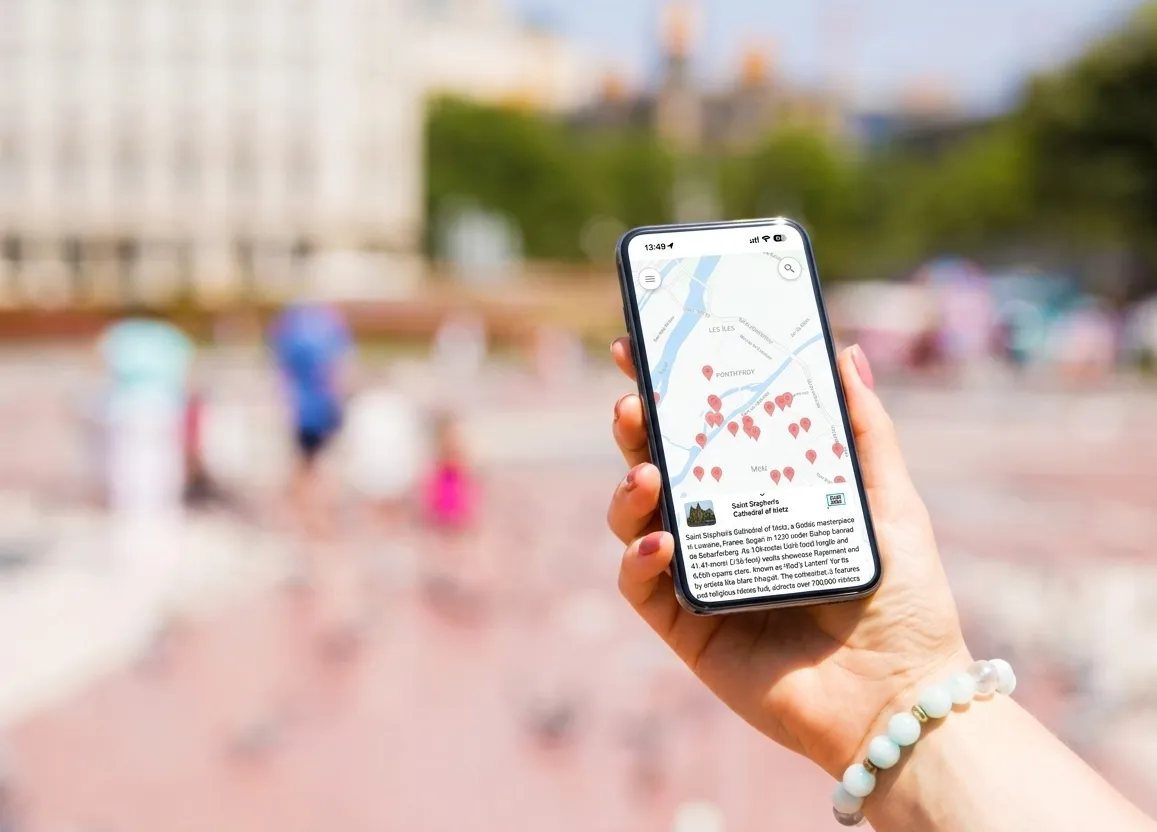 Hand holding a phone showing the Parroo map of a German plaza.